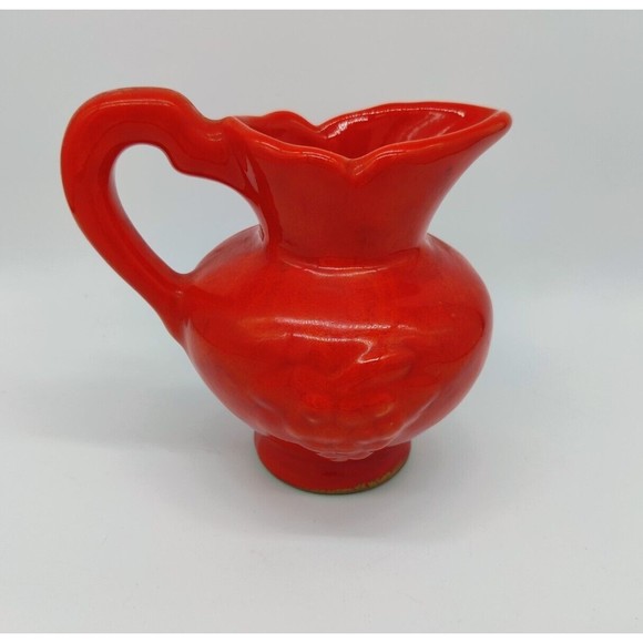Vintage Mid Century Modern Red Lava Drip Glaze Ewer Milk Water Pitcher Handle - Picture 5 of 11
